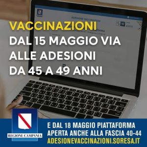 VACCINAZIONI, DA DOMANI APERTA PIATTAFORMA PER FASCIA 45-49 ANNI. DAL 18 MAGGIO VIA LIBERA PER FASCIA 40-44